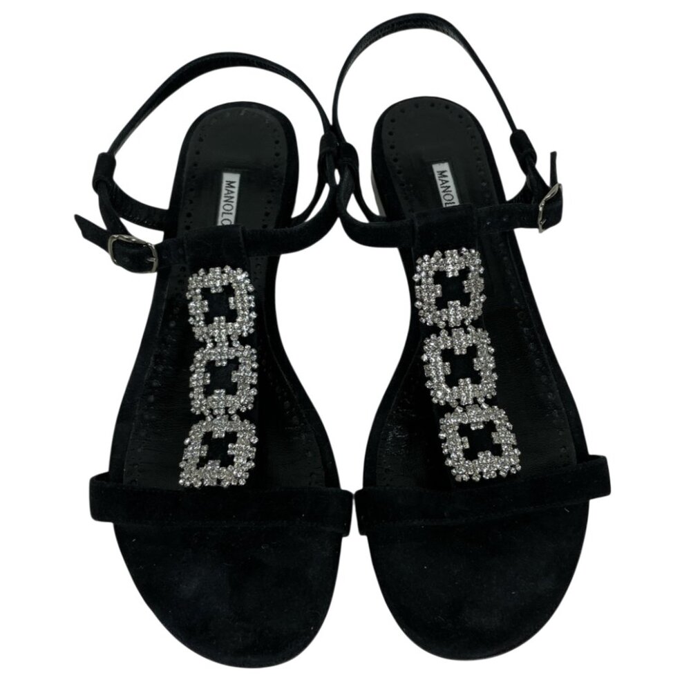 Manolo Blahnik Ottolamod Jeweled Suede T-Strap Flat Sandal In Black Size 9